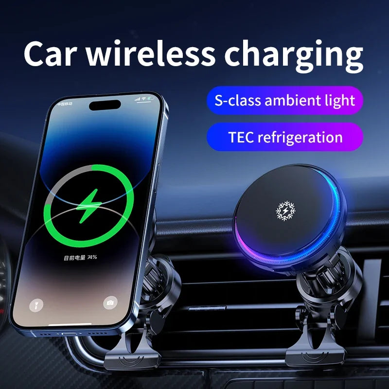 15W ice Cooling Magnetic Wireless Car Charger for iPhone 16 15 14 13 12 Pro Max MacSafe Car Phone Holder Fast Charging Station