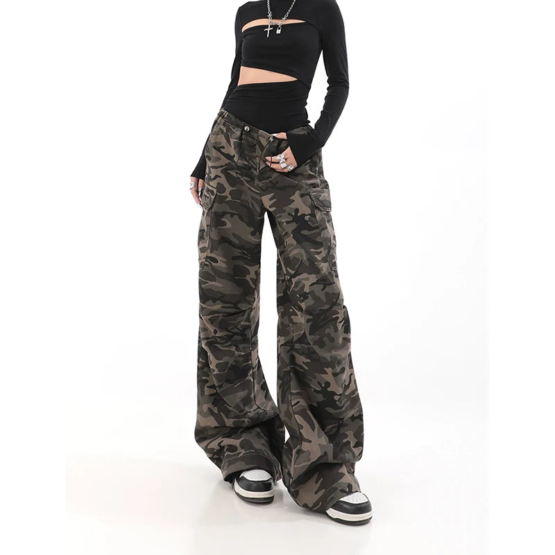 American Retro High Street Casual Overalls Camouflage Loose Wide Leg Pants For Women Y2k Hip-hop Cargo Grunge Baggy Trousers