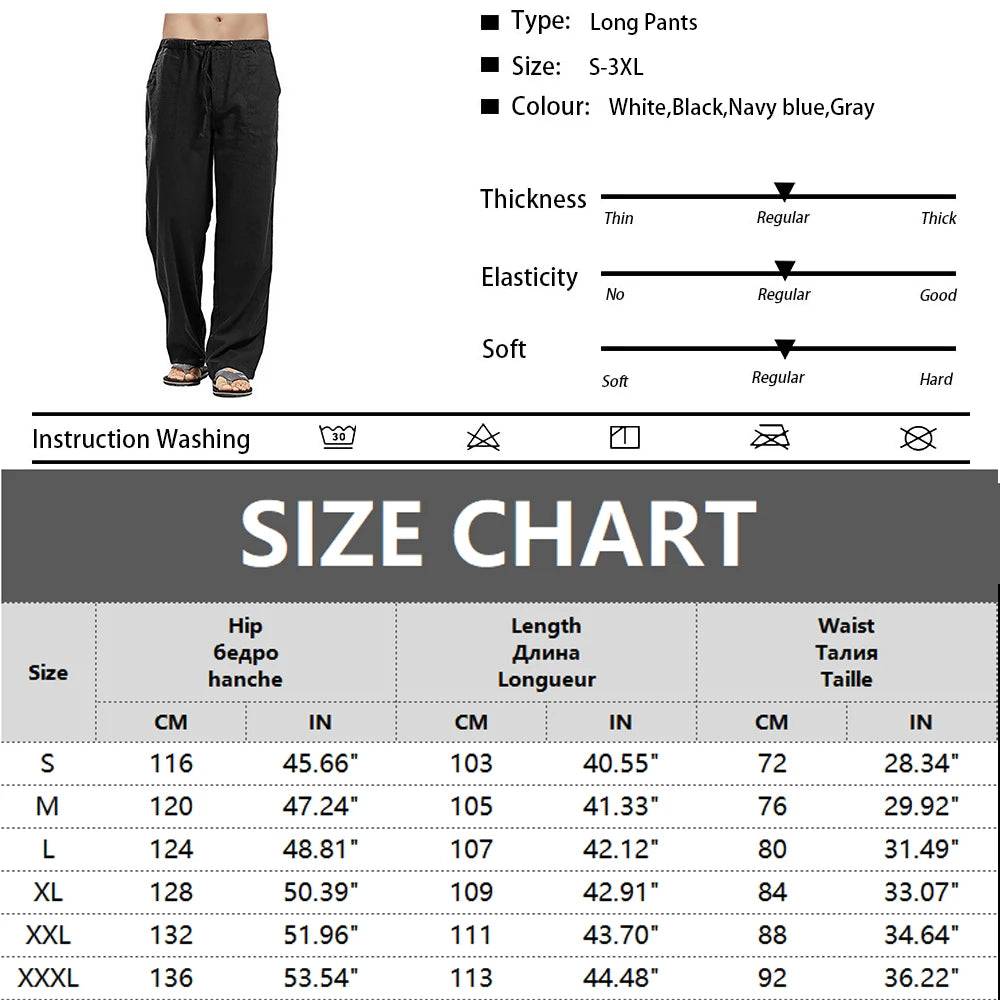 Men's Cotton Linen Pants Loose Cool Casual Long Pants Elastic Waist Long Pant Casual Large Size Streetwear Lightweight Trousers