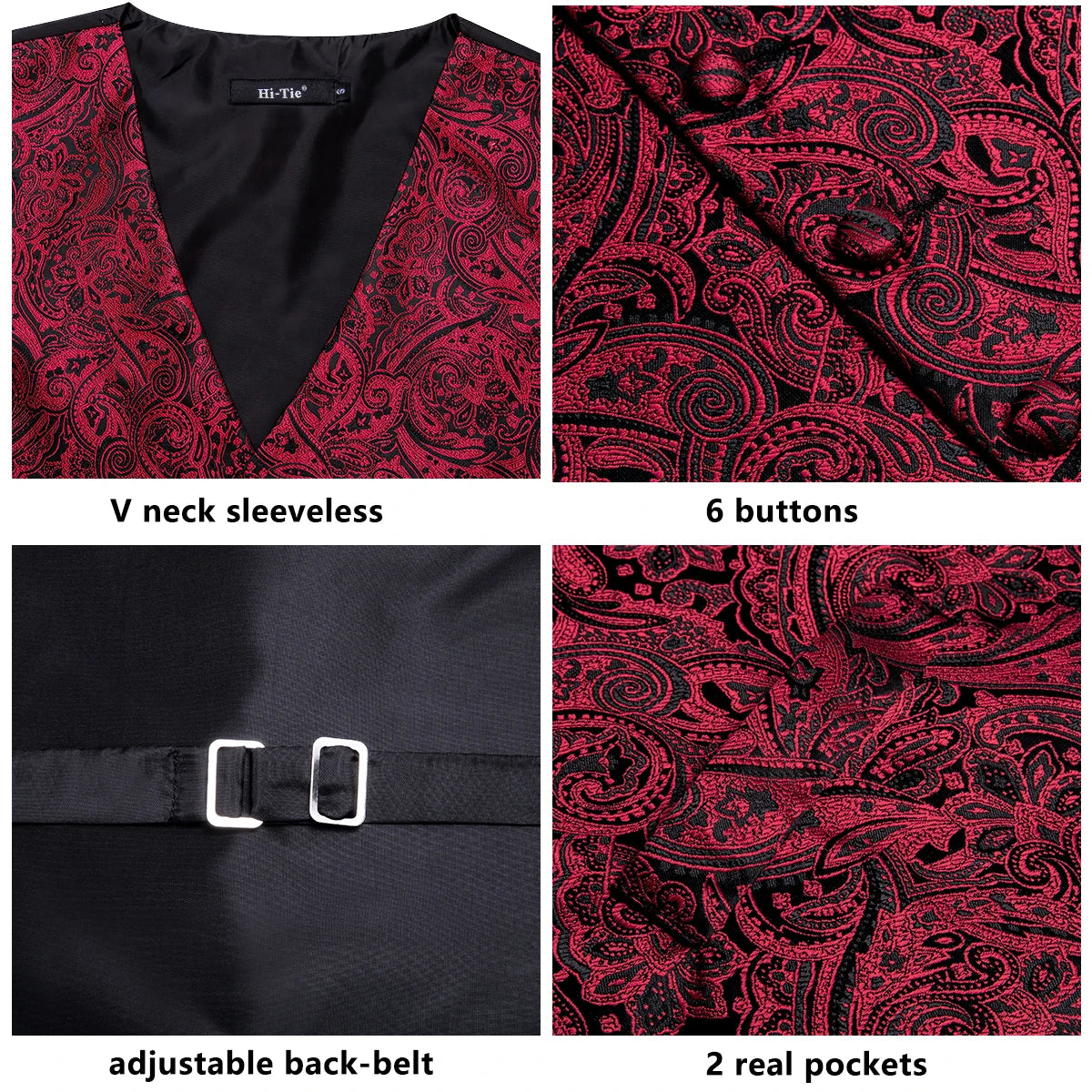 Hi-Tie 4PC Silk Men's Vest With Tie Hanky Cufflink Business Formal Dress Slim Sleeveless Jacket Burgundy Paisley Suit Waistcoat