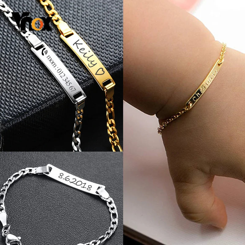 Vnox Personalize Custom Baby Girls Name Bracelet Gold Tone Solid Stainless Steel Adjustable Boys Bracelet Gift to New Mom