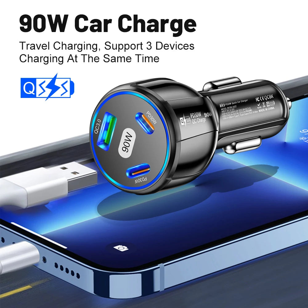 3 in 1 Fast Charging Car Charger (30W PD USB C+30W PD USB C+30W USB A) Type C Car Phone Adapter Quick Charge For iPhone Xiaomi