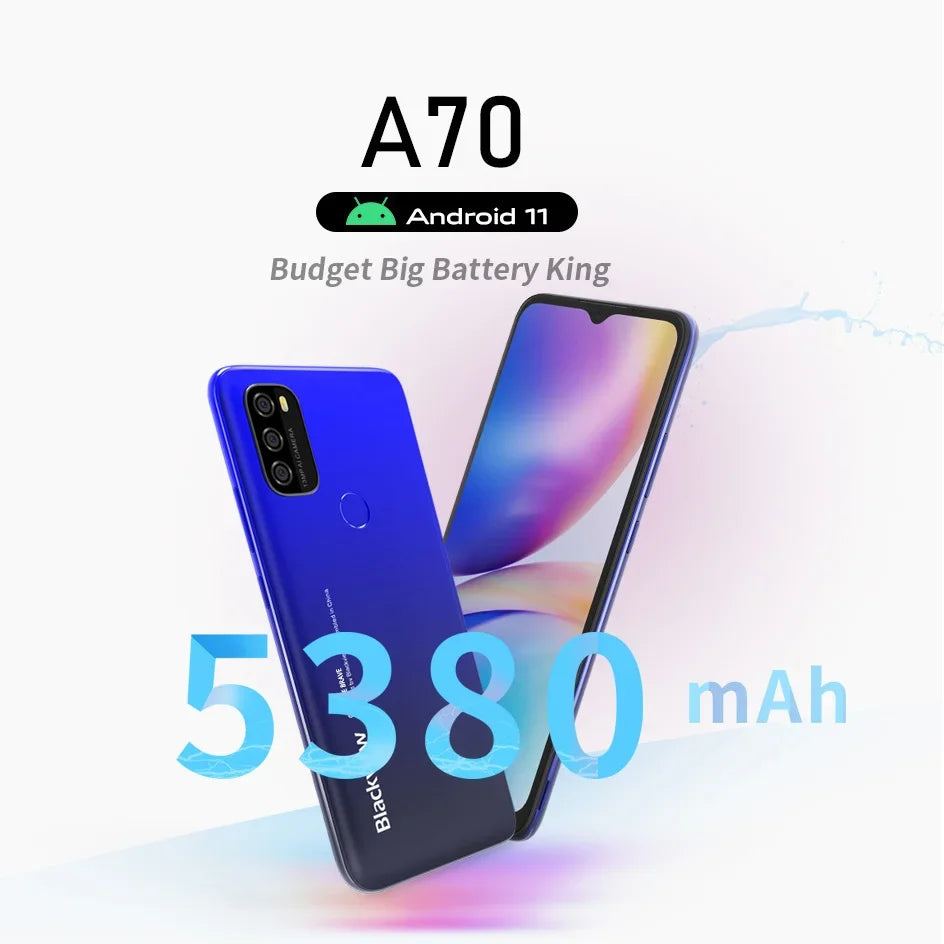 Blackview A70 Smartphone 6.51 Inch HD+ 3GB+32GB SC9863A Octa Core 5380mAh Android 11.0 13MP Face ID Fingerprint 4G Mobile Phone