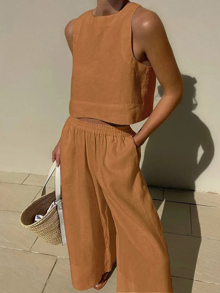 Casual Summer Two Piece Set Women Outfit 2023 White Solid Loose Tank Crop Top Wide Leg Pants Suits Chic and Elegant Woman Sets