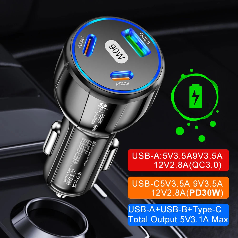 3 in 1 Fast Charging Car Charger (30W PD USB C+30W PD USB C+30W USB A) Type C Car Phone Adapter Quick Charge For iPhone Xiaomi