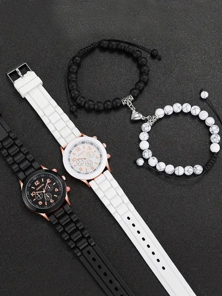 4pcs Fashionable, Minimalist, and Versatile Men AND WOMEN'S Couple Watch Pairing with Love Bead Bracelet Set