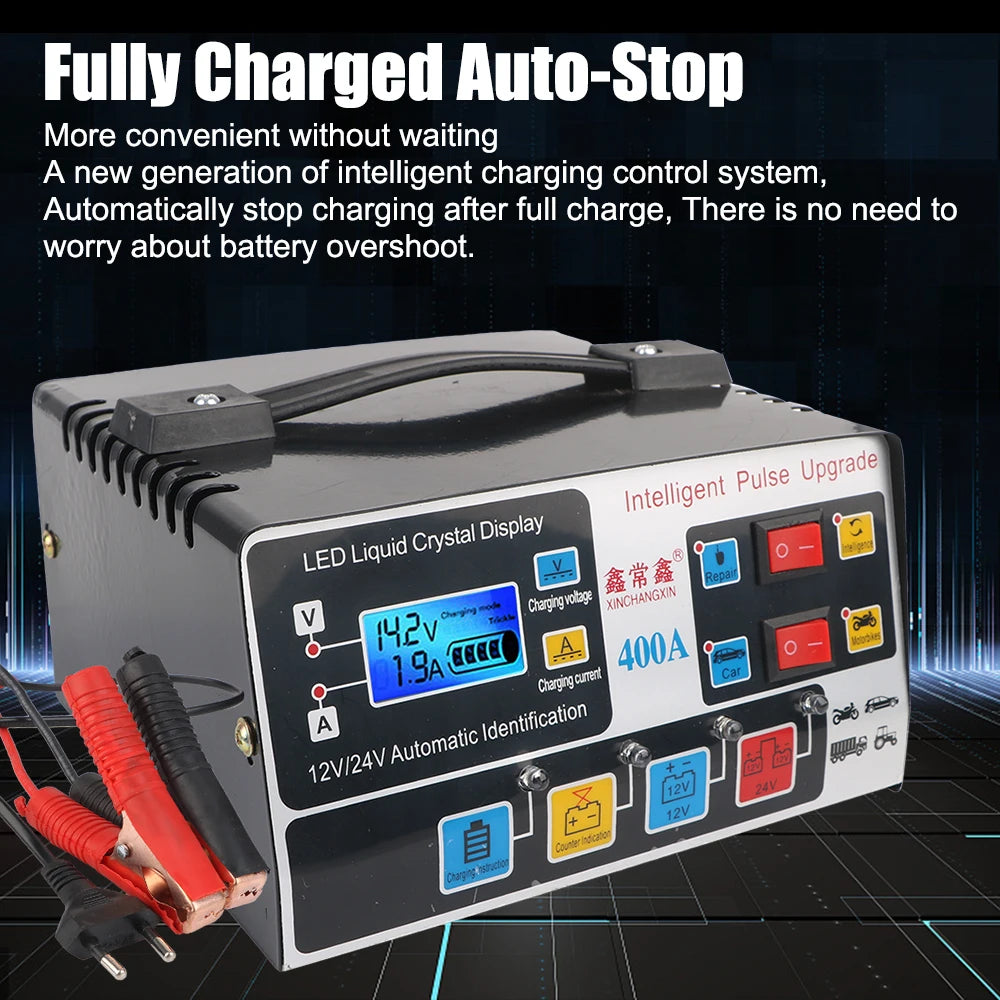 Intelligent Fully Automatic Car Battery Charger LCD Display 12V/24V 220W Pulse Repair High Power EU Plug