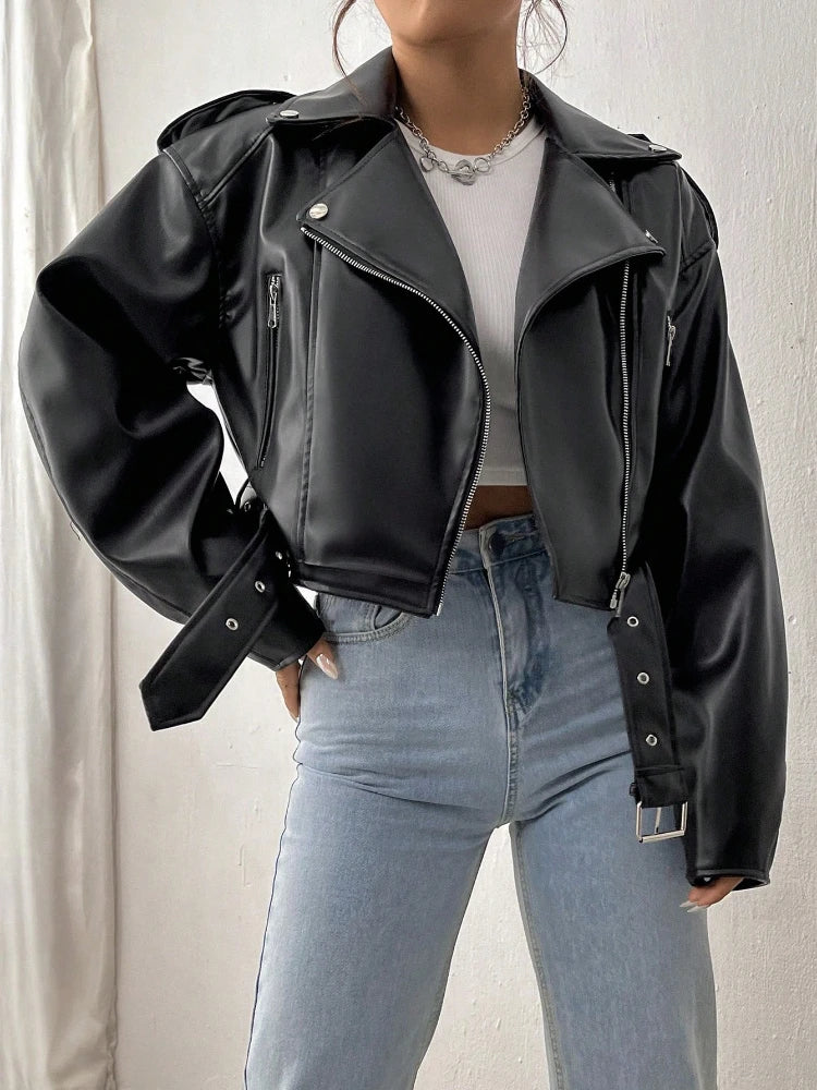 Fitaylor Spring Autumn Casual Women Lapel Zipper Faux PU Leather Jacket Female High Street Motorcycle Leather Jacket