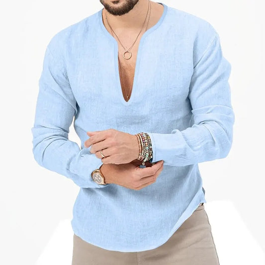 Men's Shirt Top V Neck Breathable Beach Shirt Long Sleeves Closure Regular Fit Solid Color Male Casual Shirt For Daily Vacation