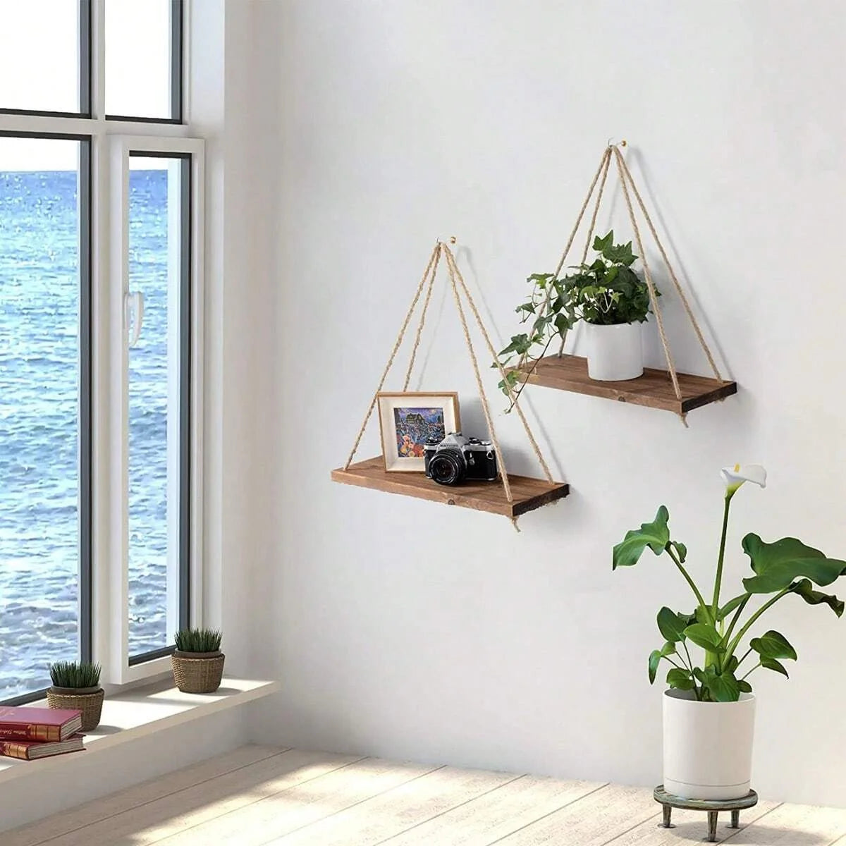 1PC Wooden Swing Hanging Hemp Rope Wall Shelve Mounted Floating Home Living Room Plant Flower Pot Tray Storage Garden Decoration