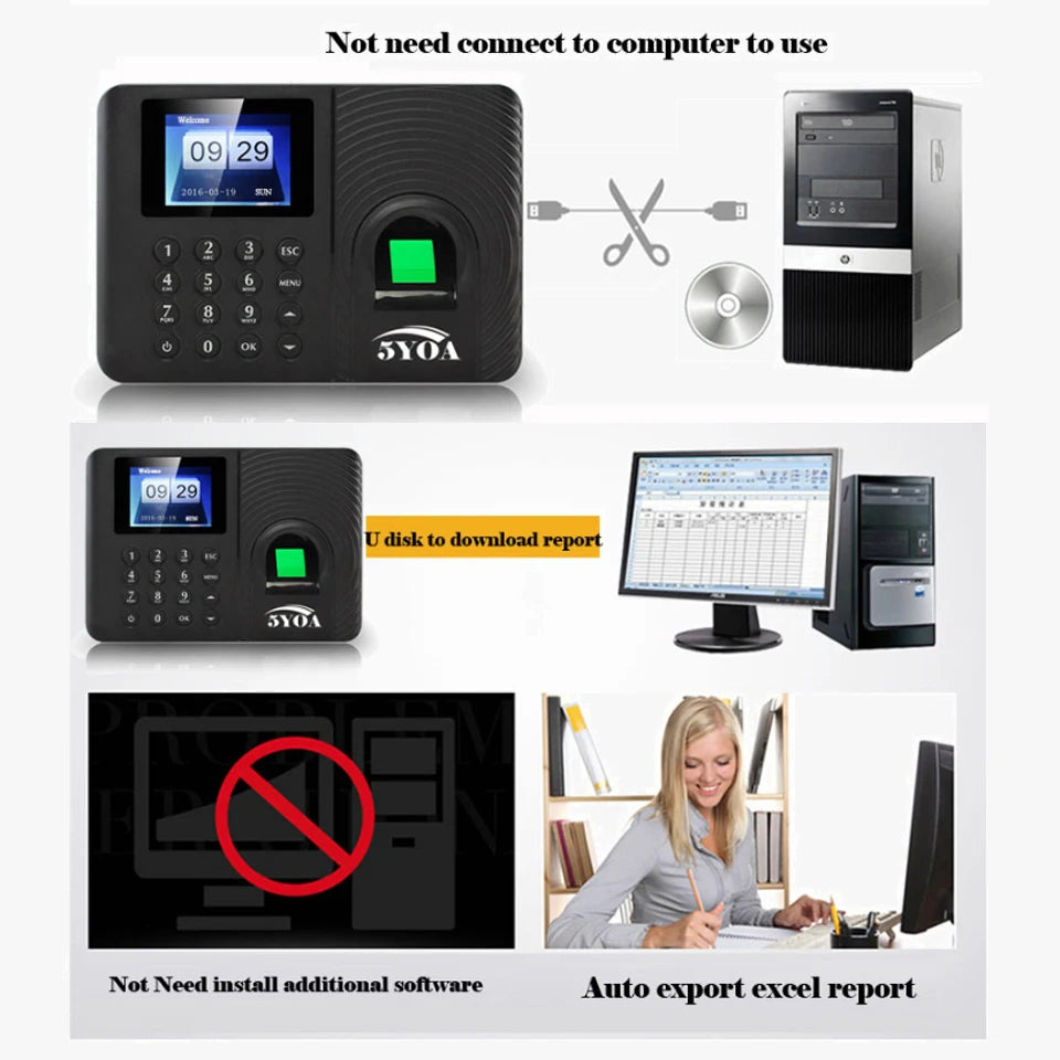 Fingerprint Attendance Biometric Machine System Employee Keypad Electric Time Clock Recorder USB Data Manage