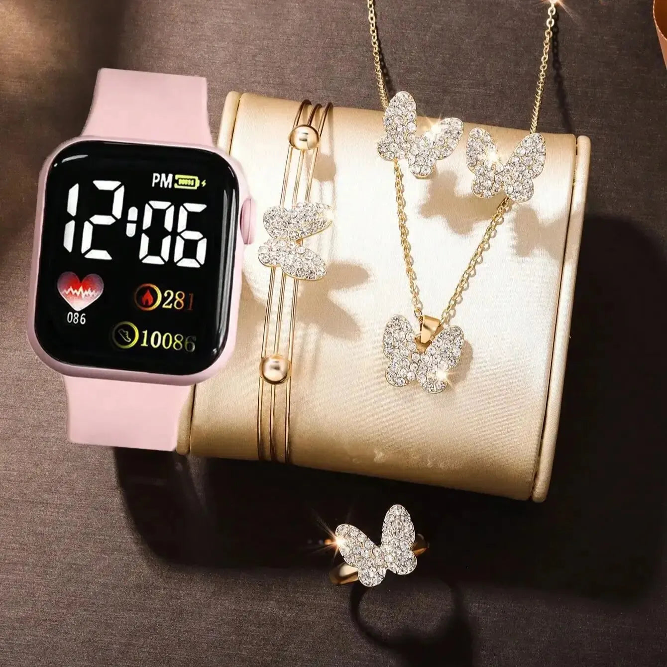 6 Pieces Of Love Square Numbers Display Electronic Watch Girl Boys And Butterfly Rhinestones