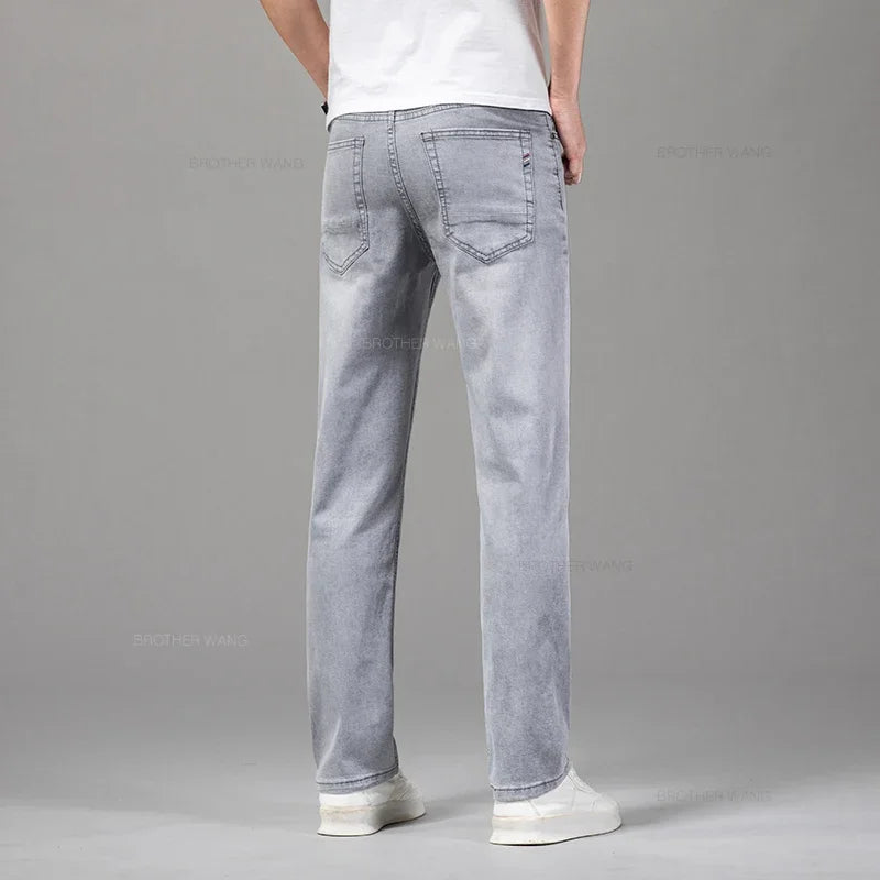 Summer Thin Men's Elastic Cotton Jeans Fashion Gray Comfortable Business Straight Casual Pants Brand Male Clothes Trousers