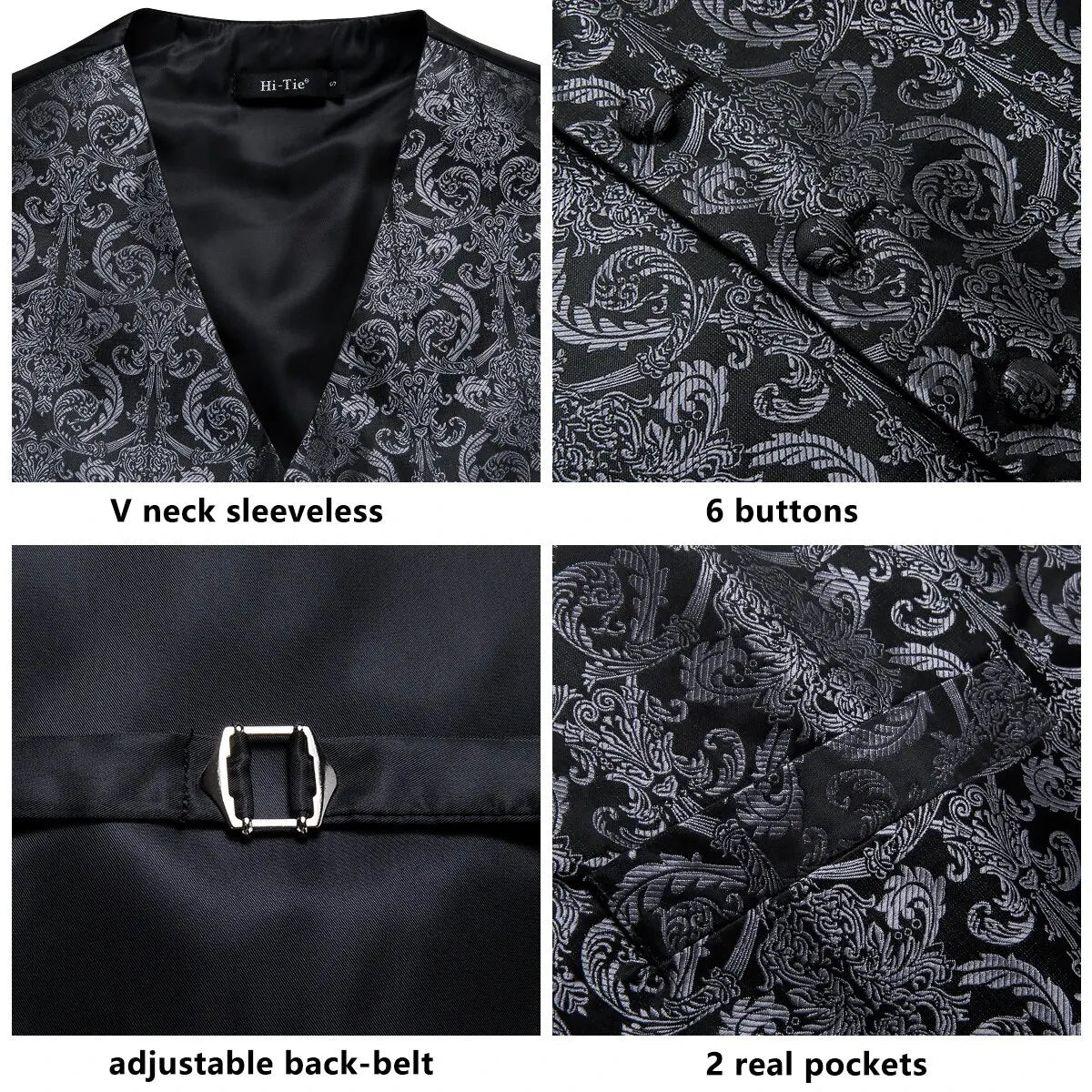 Barry.Wang Men's Suit Vest Gray Jacquard Floral Waistcoat Tie Pocket Square Cufflinks Set for Male Formal Casual Business Party