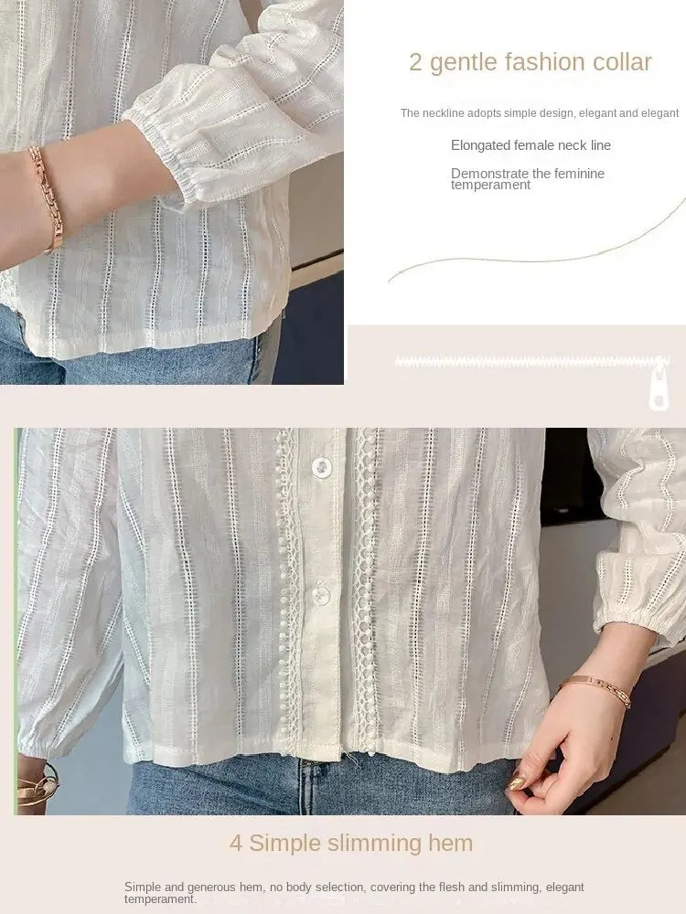 White Sweet V-neck Lace Long Sleeved Shirt With Bubble Sleeves Versatile Top Autumn Retro Sweet Single Breasted Women's Clothing