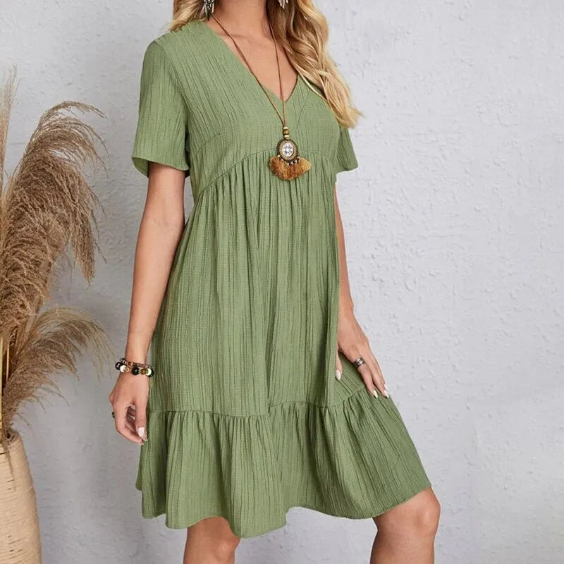 Women Summer Peplum Dresses Spring V-Neck Short Sleeve Loose Waist Ruffle Fit Flare Vocation Dresses