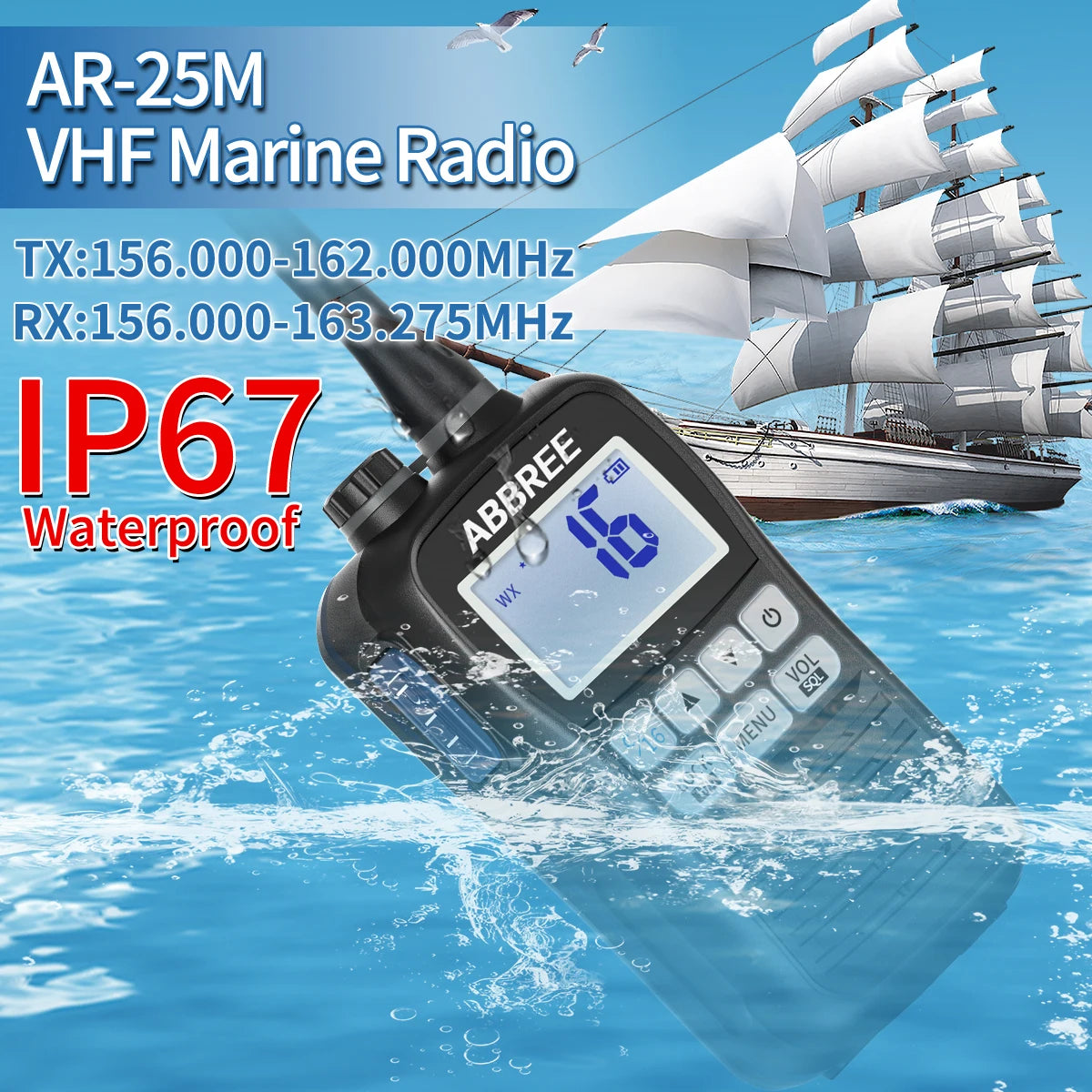 ABBREE AR-25M Marine Radio Waterproof IP67 Handheld VHF Walkie Talkie Transceiver NOAA Floating Two Way Radio for Boat