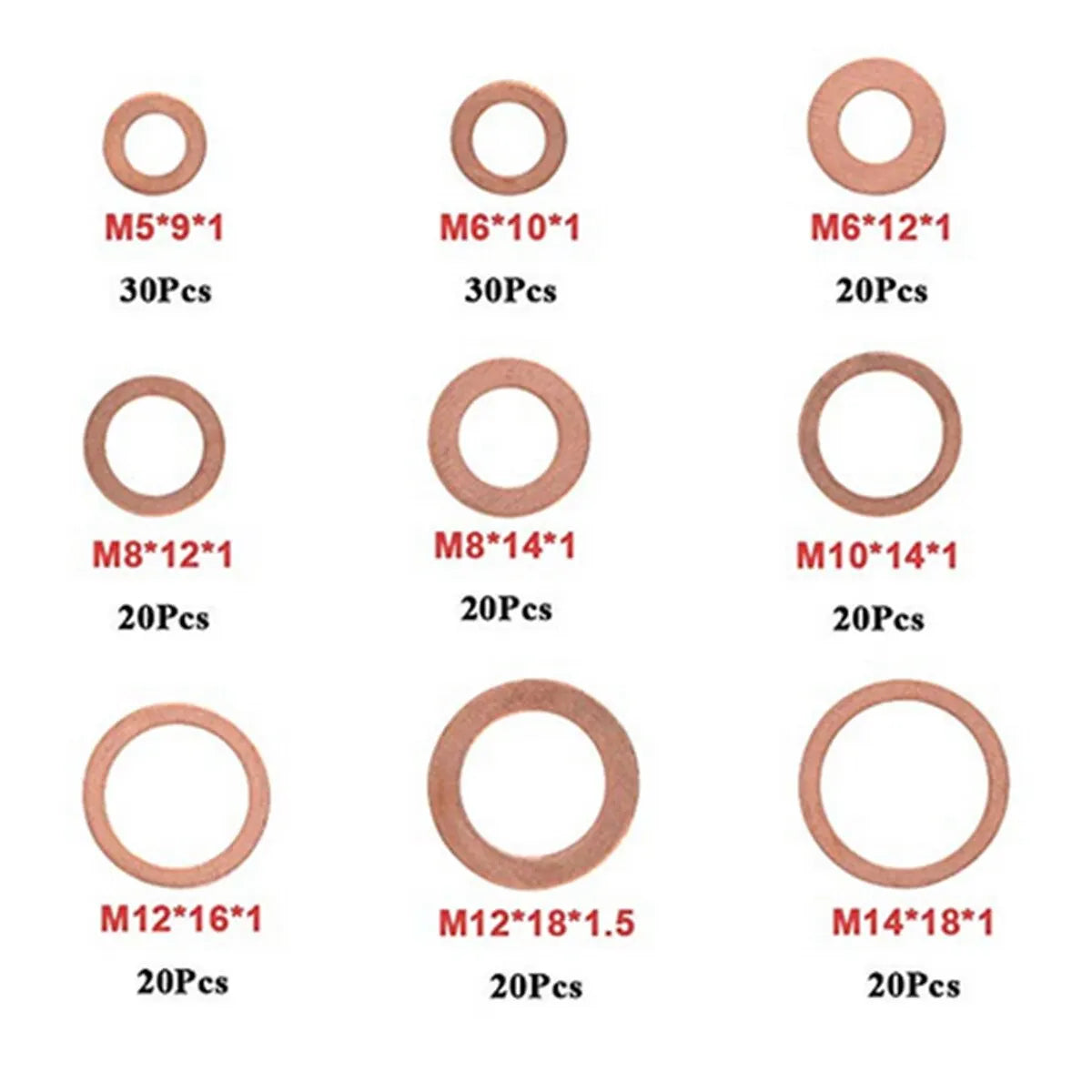 Copper Washer Gasket Nut and Bolt Set Flat Ring Seal Assortment Kit with Box //M8/M10/M12/M14 for Sump Plugs