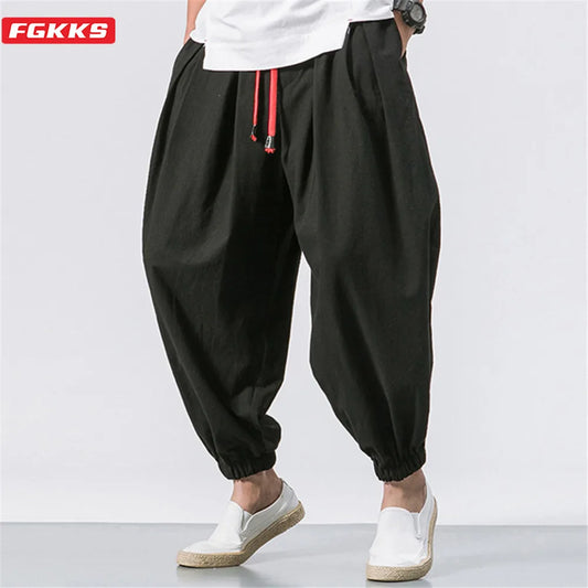 FGKKS New Oversize Men Loose Harem Pants Autumn Chinese Linen Overweight Sweatpants High Quality Casual Brand Trousers Male