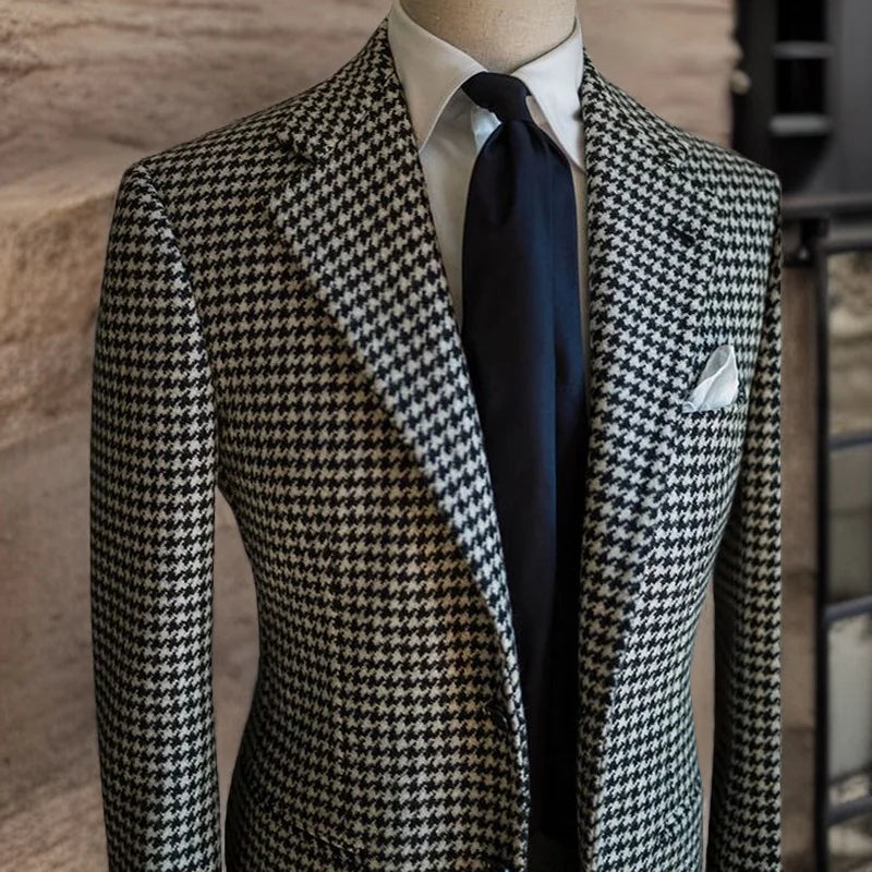 Houndstooth Business Blazer for Men 2023 Plaid Notched Lapel Suit Jacket Formal Male Fashion Coat