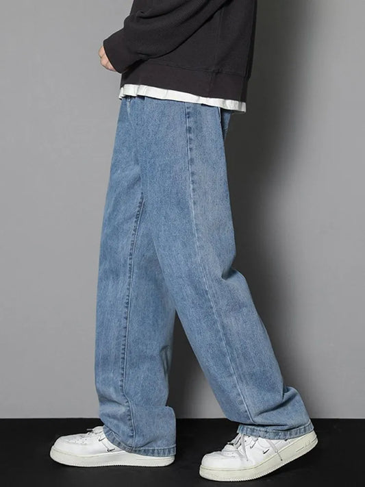 2023 New Korean Men's Casual Long Jeans Classic Man Straight Denim Wide-leg Pants Solid Color Light Blue Grey Black 3XL