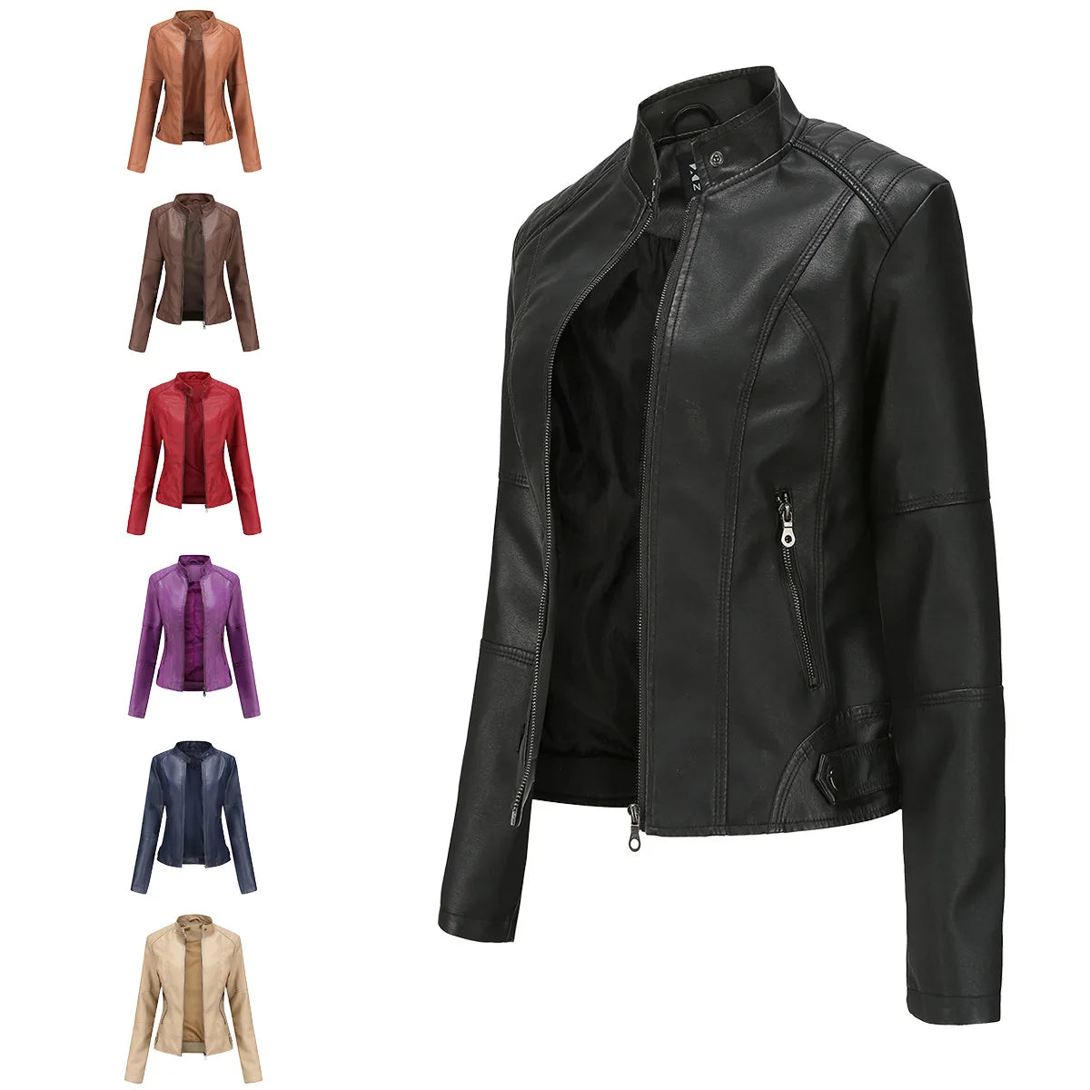 Faux Leather Jacket Women 2024 Autumn Spring Women's Moto Biker Zipper Jacket Red Black Coat New Outerwear Brown Purple Blue 4xl