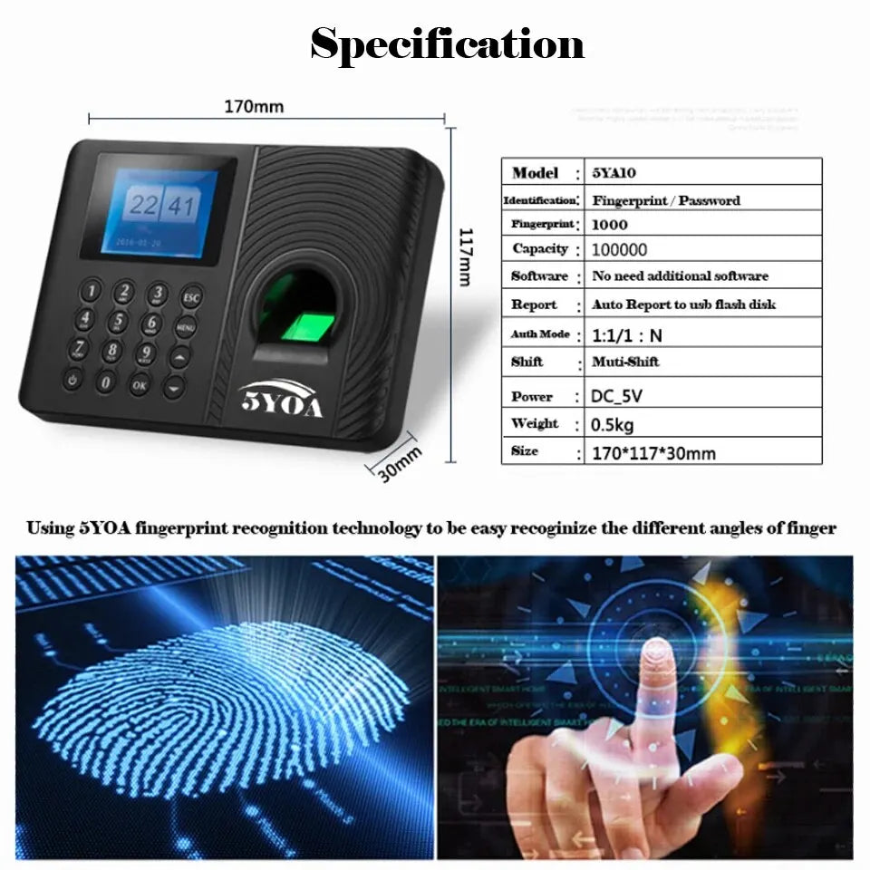 5YOA A10 A01 Attendance Biometric Fingerprint Time Attendance Clock Recorder Employee Recognition Device Electronic