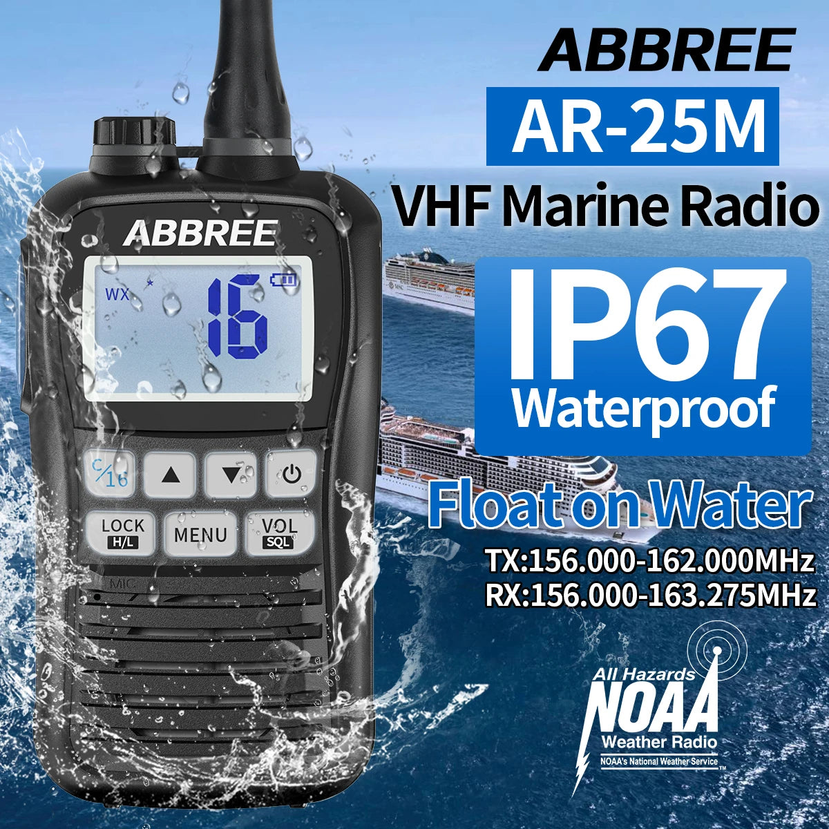 ABBREE AR-25M Marine Radio Transceiver IP67 Waterproof Handheld VHF Walkie Talkie Amateur NOAA Floating Two Way Radio For Boat