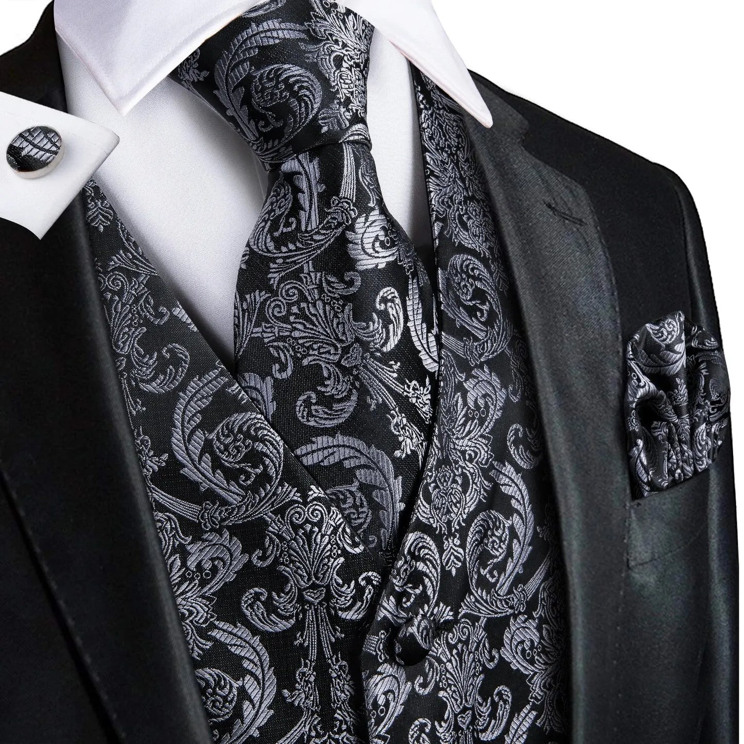 Barry.Wang Men's Suit Vest Gray Jacquard Floral Waistcoat Tie Pocket Square Cufflinks Set for Male Formal Casual Business Party