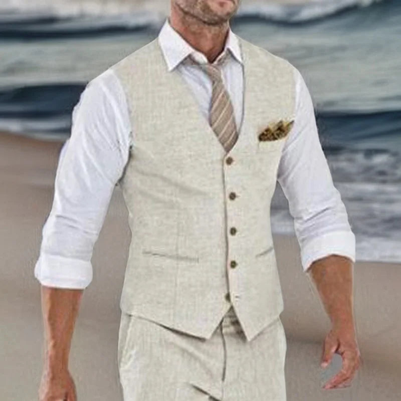 Beige Linen Suit Vest for Men Wedding Summer Beach One Piece Waistcoat V Neck Male  Fashion Cost