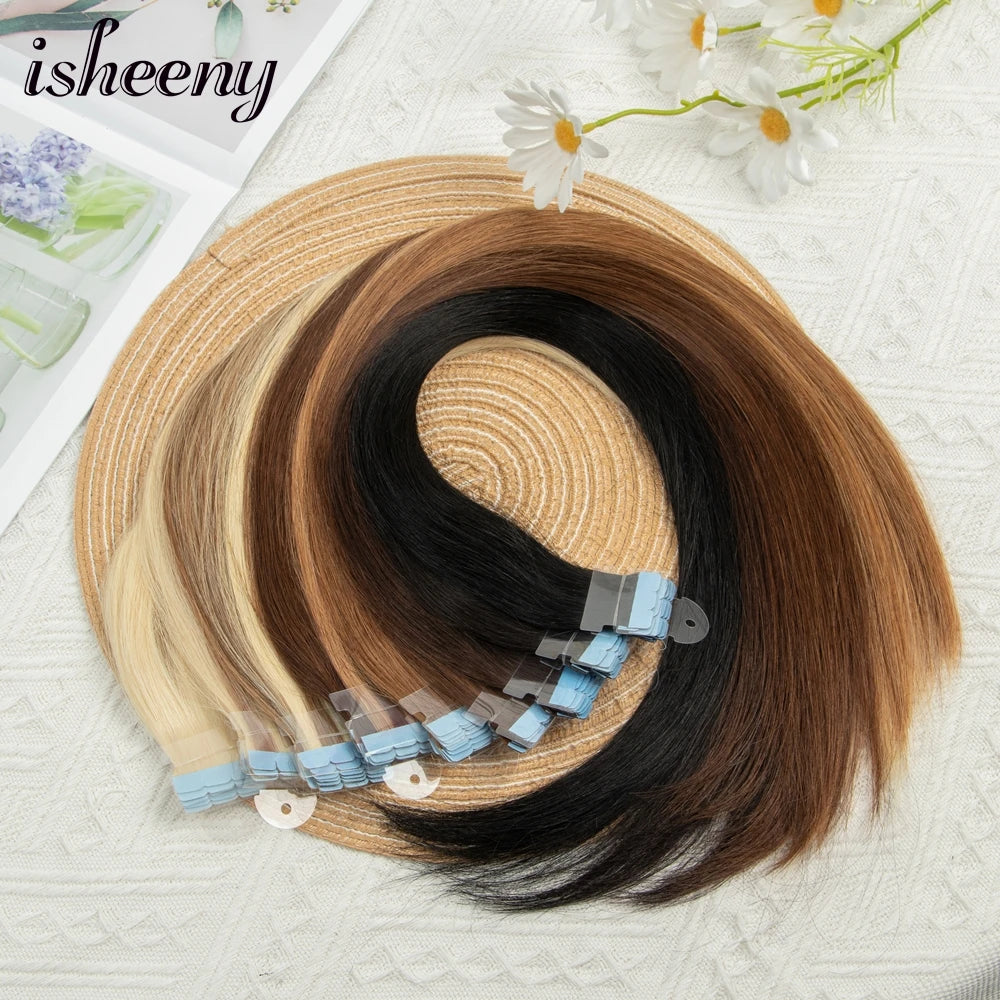 Tape in Human Hair Extensions 12" 16" 20" 24" Mini Tape Hair Extension Straight 10pcs Machine Remy Invisible Adhesive Tape Hair