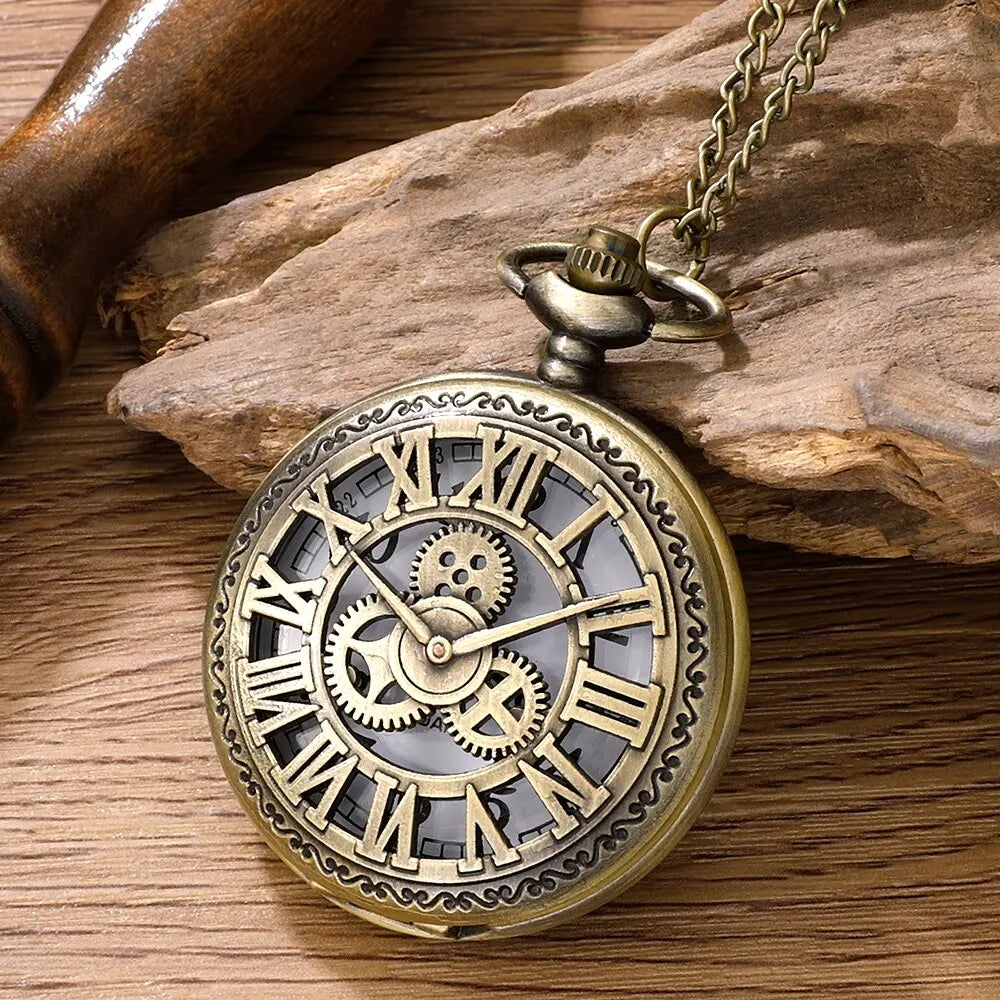 Antique Steampunk Vintage Roman Numerals Quartz Pocket Watch Bronze Case Necklace Pendant Clock Chain Mens Women