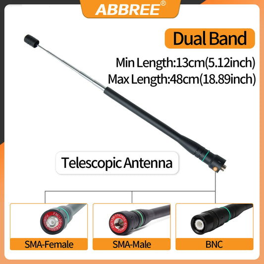 ABBREE AR-775 Telescopic Antenna SMA-Female/Male/BNC Dual Band Antenna For Quansheng UV K5 K6 Baofeng UV-5R BF-888S 21 Ham Radio