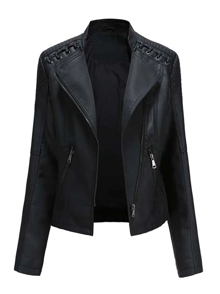 Autumn Winter Pu Faux Women's Leather Jackets Long Sleeve Zipper Slim Motorcycle Biker Leather Coat Loose Female Outwear Tops 4X