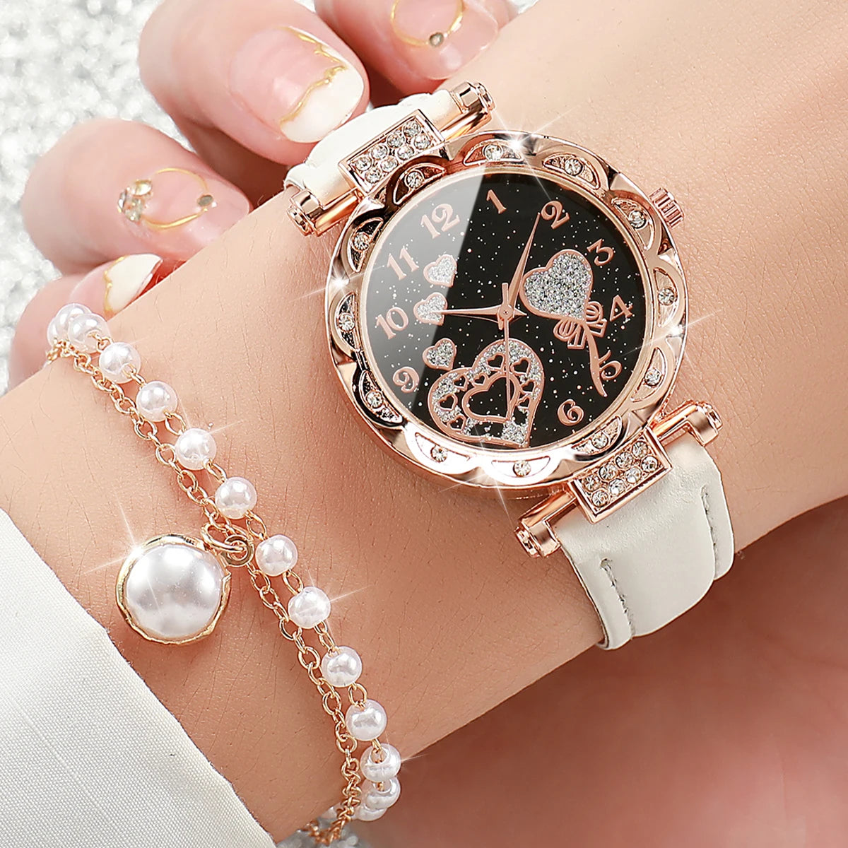 4pcs/set Women's Shiny Rhinestone Quartz Watch Analog PU Leather Wrist Watch & Faux Pearl Jewelry Set, Gift For Mom Her