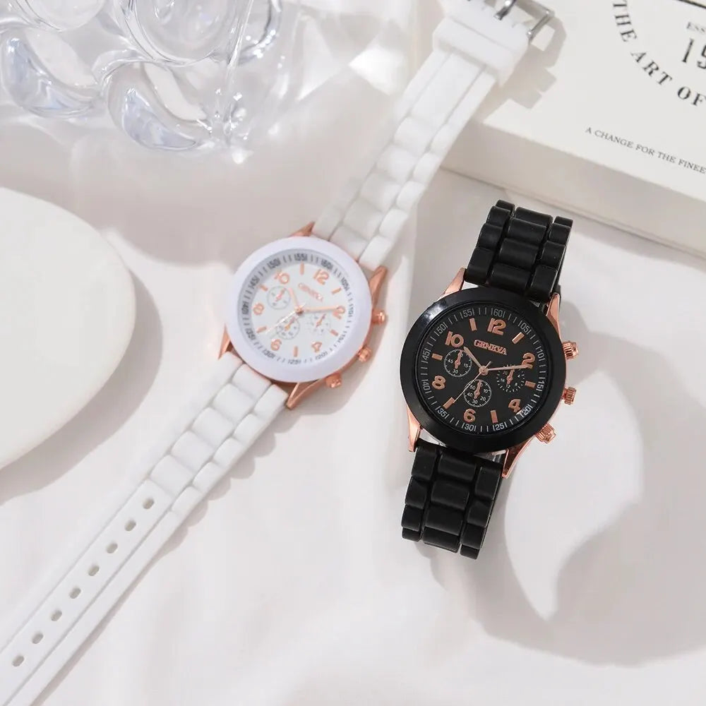 2Pcs Luxury Women's Watch Set Fashion Luxury Elegant Alloy Wristwatch Silicone Strap Couple Watch Men Quartz Holiday Gifts