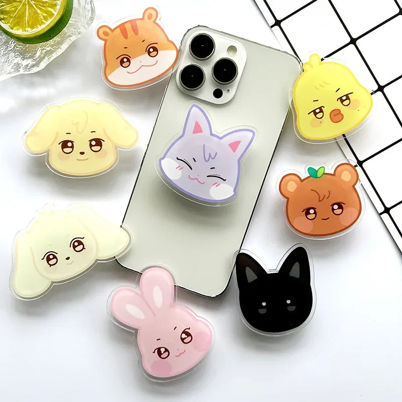 KPOP A-TEEZ Cartoon Figures Acrylic Phone Stand Cute Bear Cat Rabbit Folding Bracket Retractable Mobile Phone Holder Fans Gifts