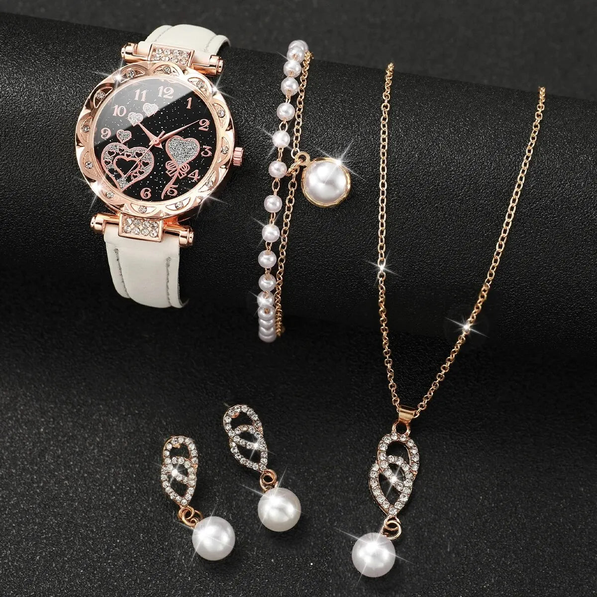 4pcs/set Women's Shiny Rhinestone Quartz Watch Analog PU Leather Wrist Watch & Faux Pearl Jewelry Set, Gift For Mom Her