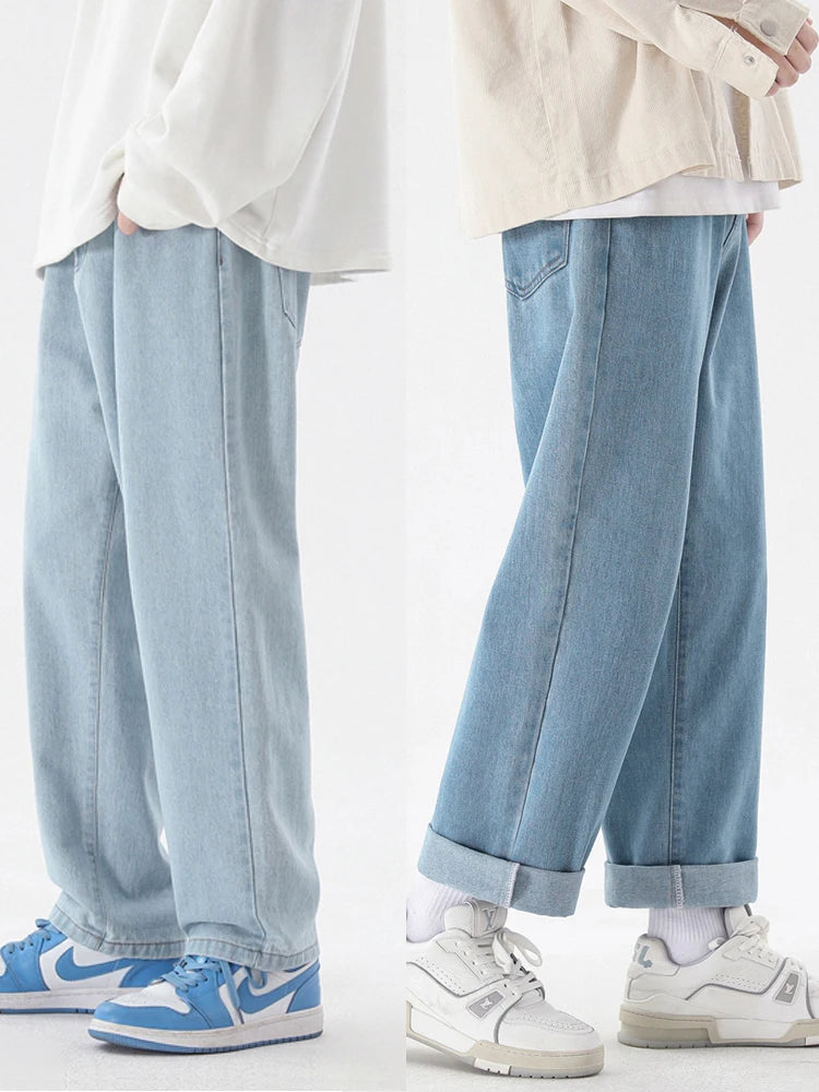 2023 New Korean Fashion Men's Casual Ankle-Length Jeans Classic Man Straight Denim Wide-leg Pants Light Blue Grey Black 3XL