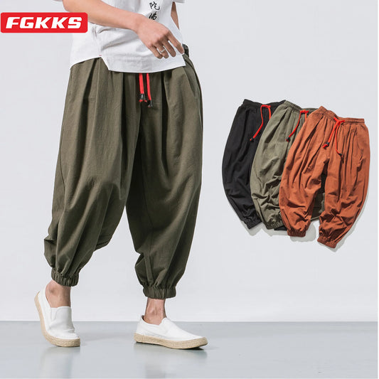 FGKKS Spring Men Loose Harem Pants Chinese Linen Overweight Sweatpants High Quality Casual Brand Oversize Trousers Male