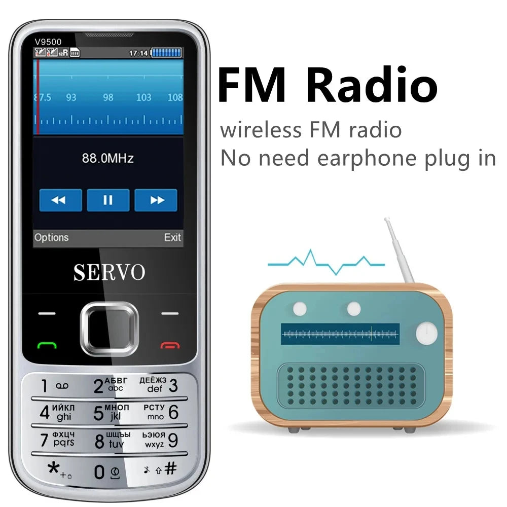 SERVO V9500 Durable Feature Mobile Phone 4 SIM Standby Six Magic Voices 1200mAh FM Radio Call Recording Button Phones Low Prices