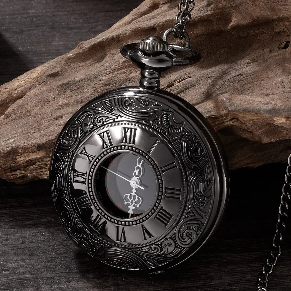 Vintage Charm Black Unisex Fashion Roman Number Quartz Steampunk Pocket Watch Women Man Necklace Pendant with Chain Gift