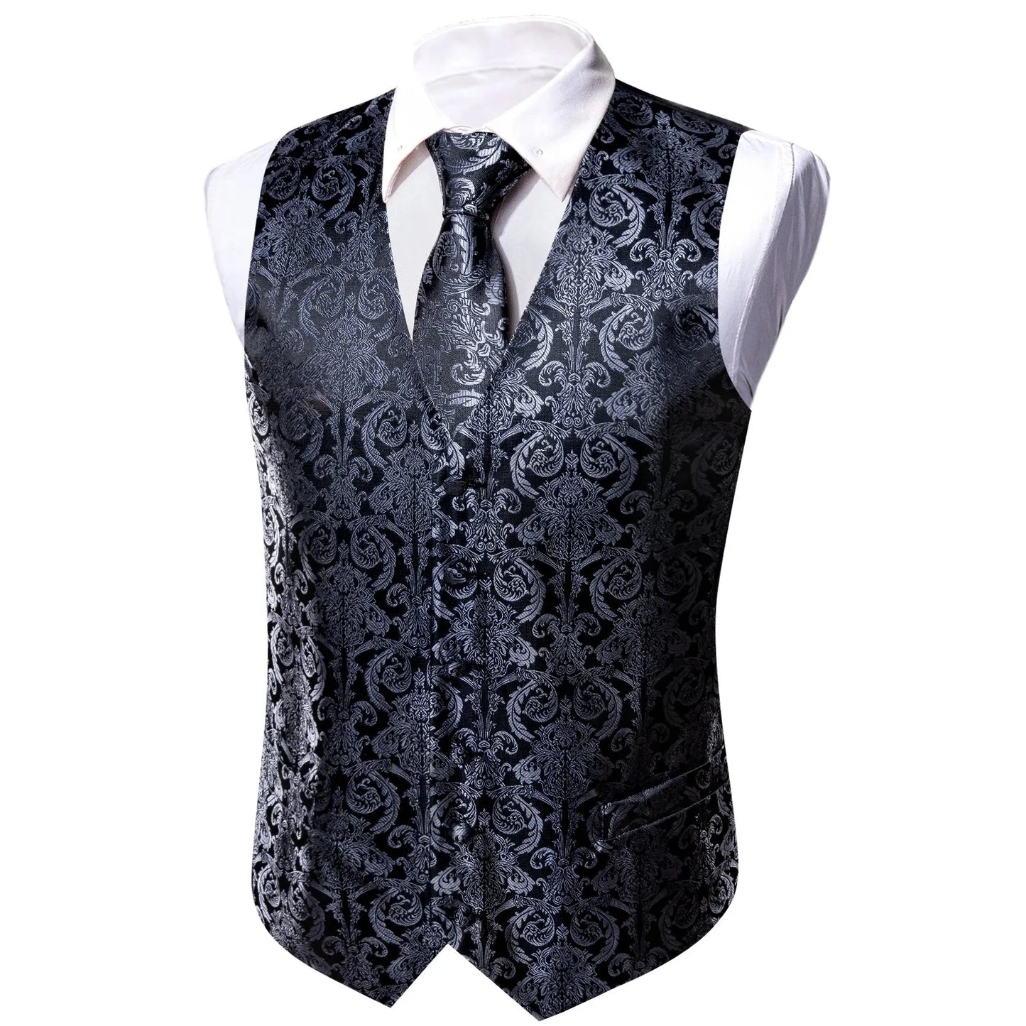 Barry.Wang Men's Suit Vest Gray Jacquard Floral Waistcoat Tie Pocket Square Cufflinks Set for Male Formal Casual Business Party