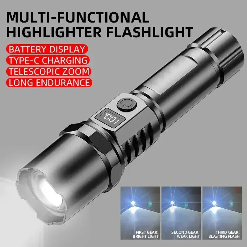 High Power XHP100 Led Flashlight Rechargeable Retractable Flashlight Digital Zoom Usb Hand Light For Camping,Outdoor And Emerge