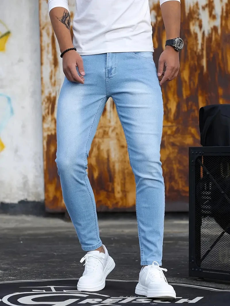 Man Pants Retro Washing Zipper Stretch Jeans Casual Slim Fit Trousers Male Plus Size Pencil Pants Denim Skinny Jeans for Men