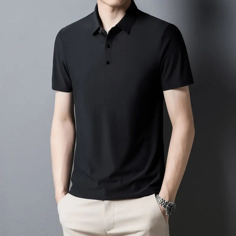 Summer Ice Silk Polo Shirt High-End T-Shirt Solid Color New Half Sleeve Non-Marking Casual Lapels Business Thin Menswear