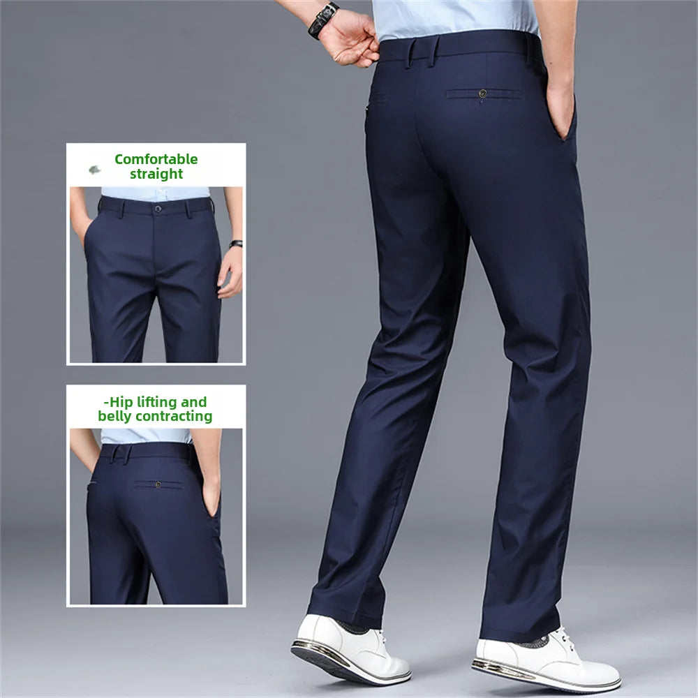 Men's Casual Business Pants Summer Thin Straight-leg Loose-fit Trousers Middle-aged Men Ice Silk Pants