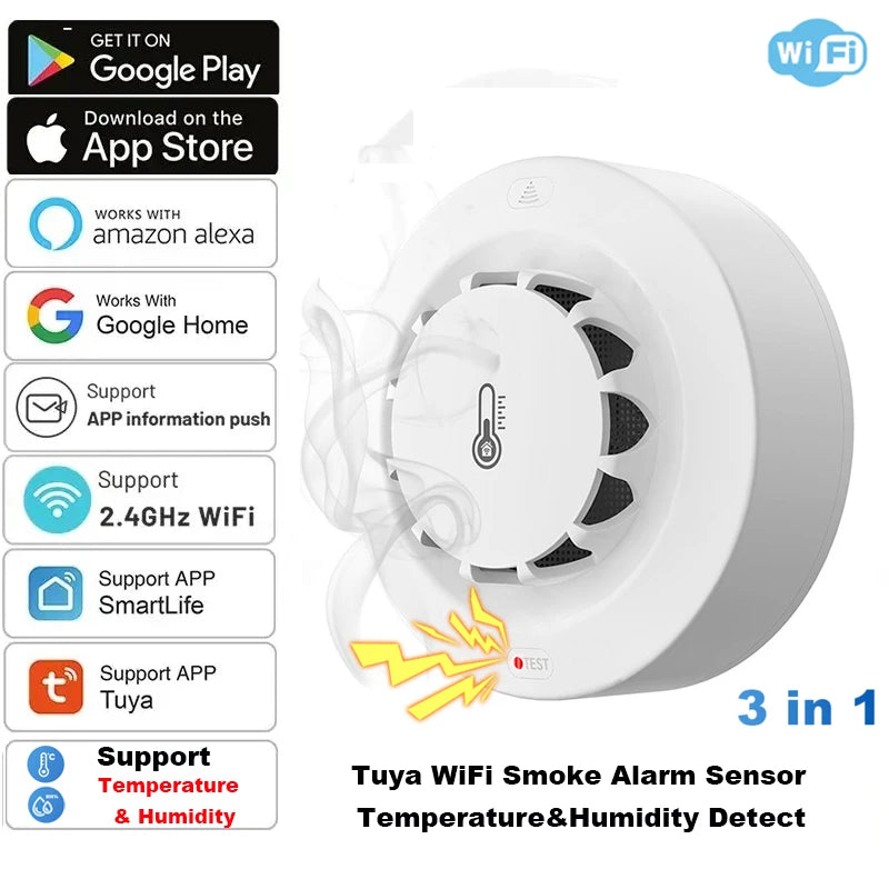 Tuya WiFi Smoke Alarm Temperature and Humidity Sensor Smoke Detector Fire Protection Alarm Smokehouse Combination Firefighters