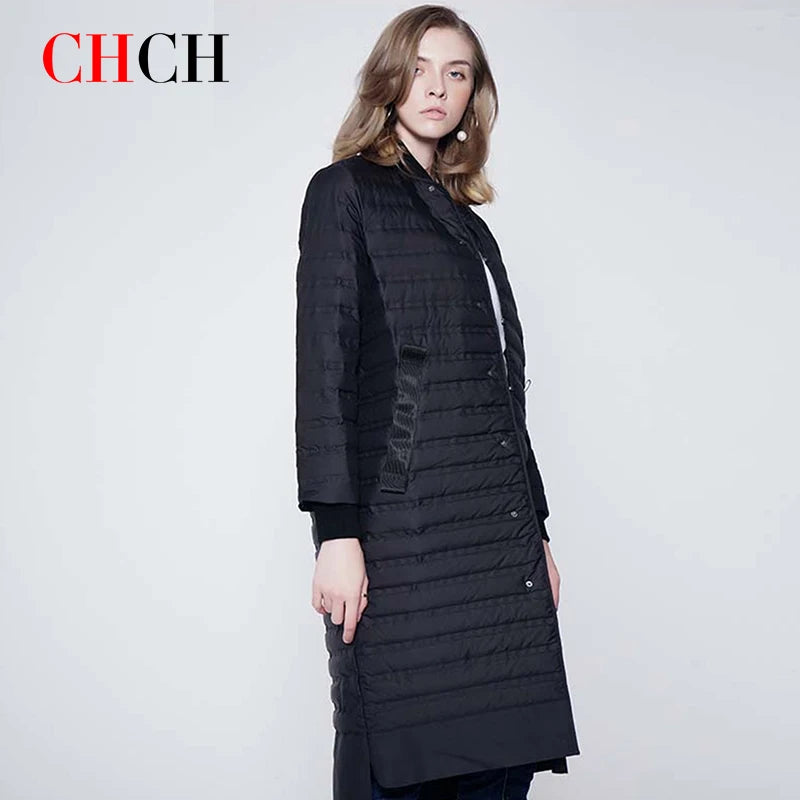 CHCH 2023 New Fashion Luxury Brand Autumn Winter Women Down Jacket Slim Long Coat Female Grid Warm Parkas Outwear Ultra Light