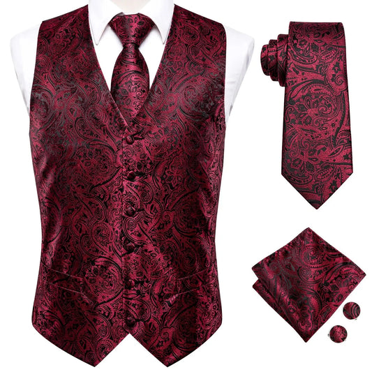 Hi-Tie 4PC Silk Men's Vest With Tie Hanky Cufflink Business Formal Dress Slim Sleeveless Jacket Burgundy Paisley Suit Waistcoat